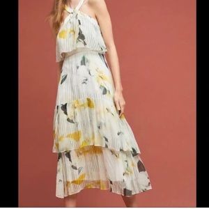 Anthropologie Floral Pleated Midi Dress - White and Yellow